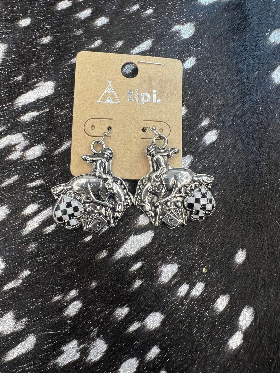 Bucking Horse With Checkered Spade Earrings