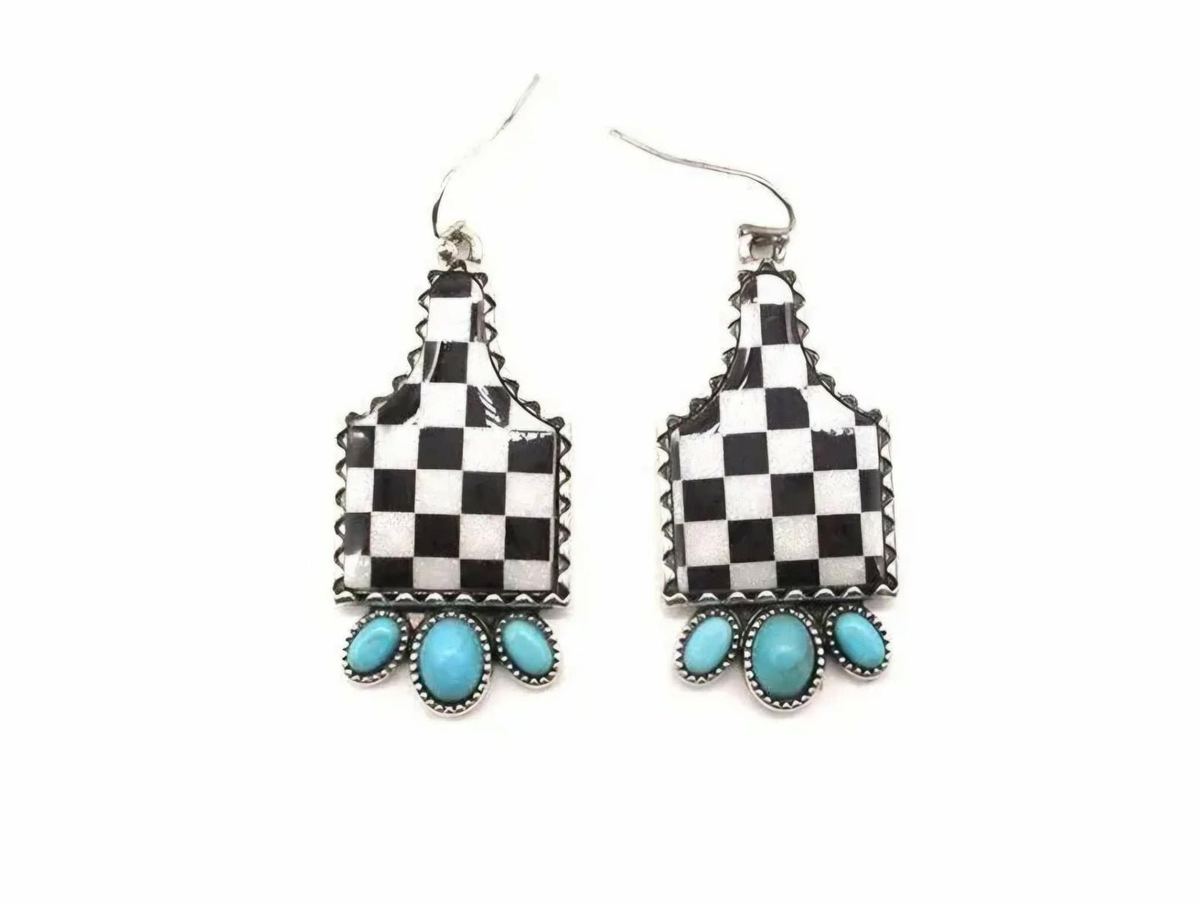 Checkered Cow Tag Earrings