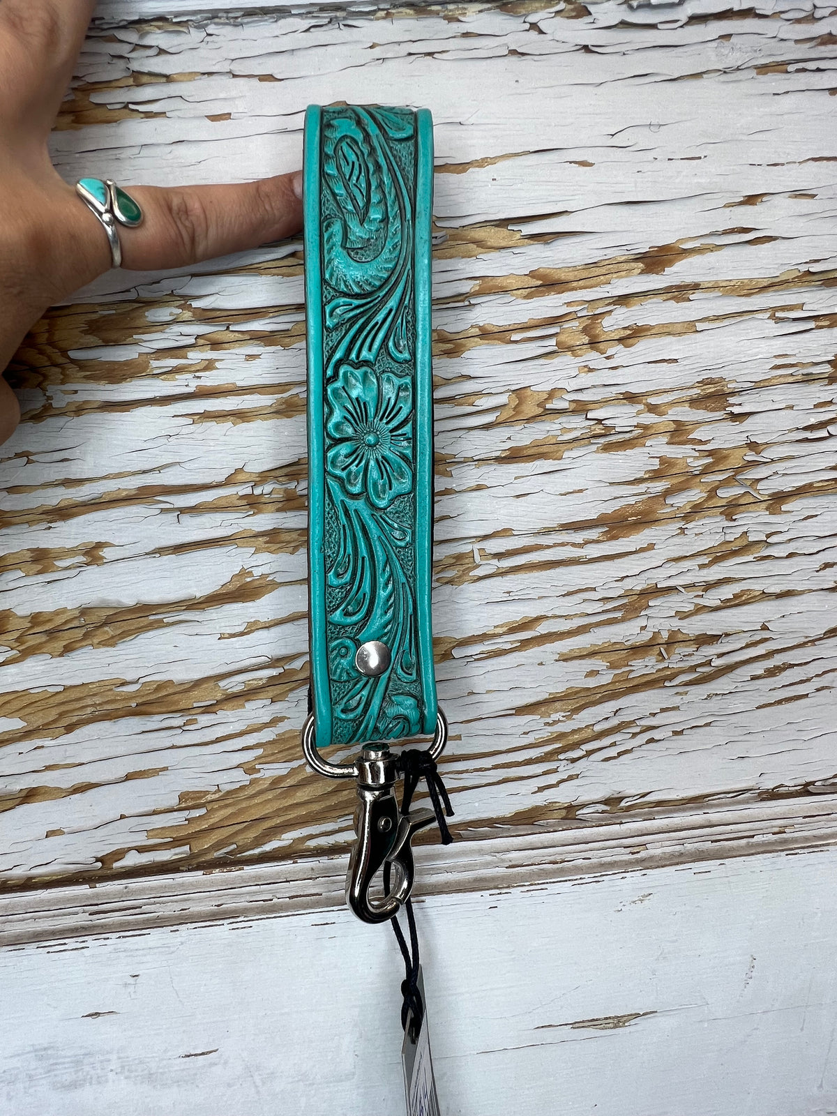 Tooled Leather Wristlet Keychain with Clip
