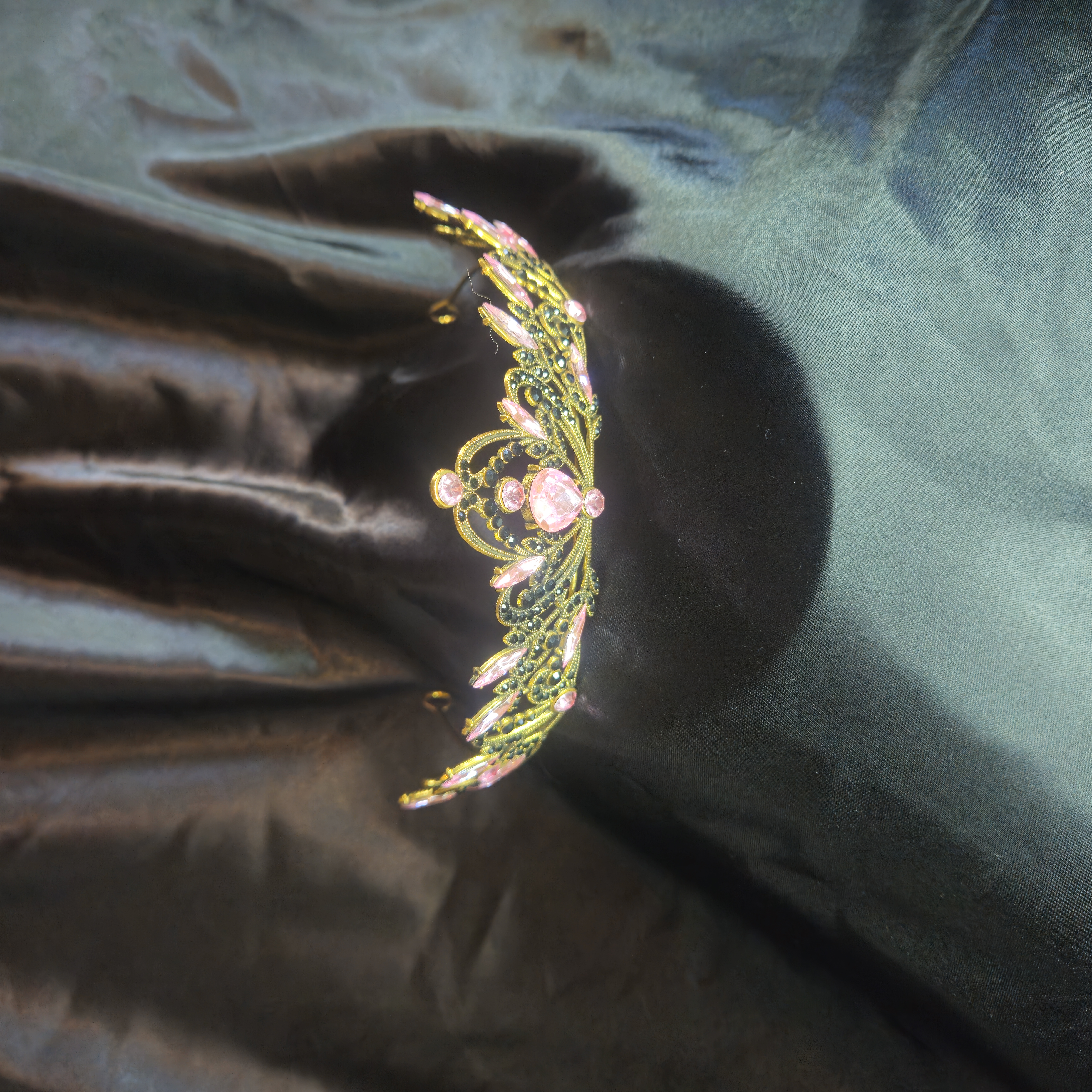 Single Arch Tiara — Antique Gold with Pink Center and Leaf Detail