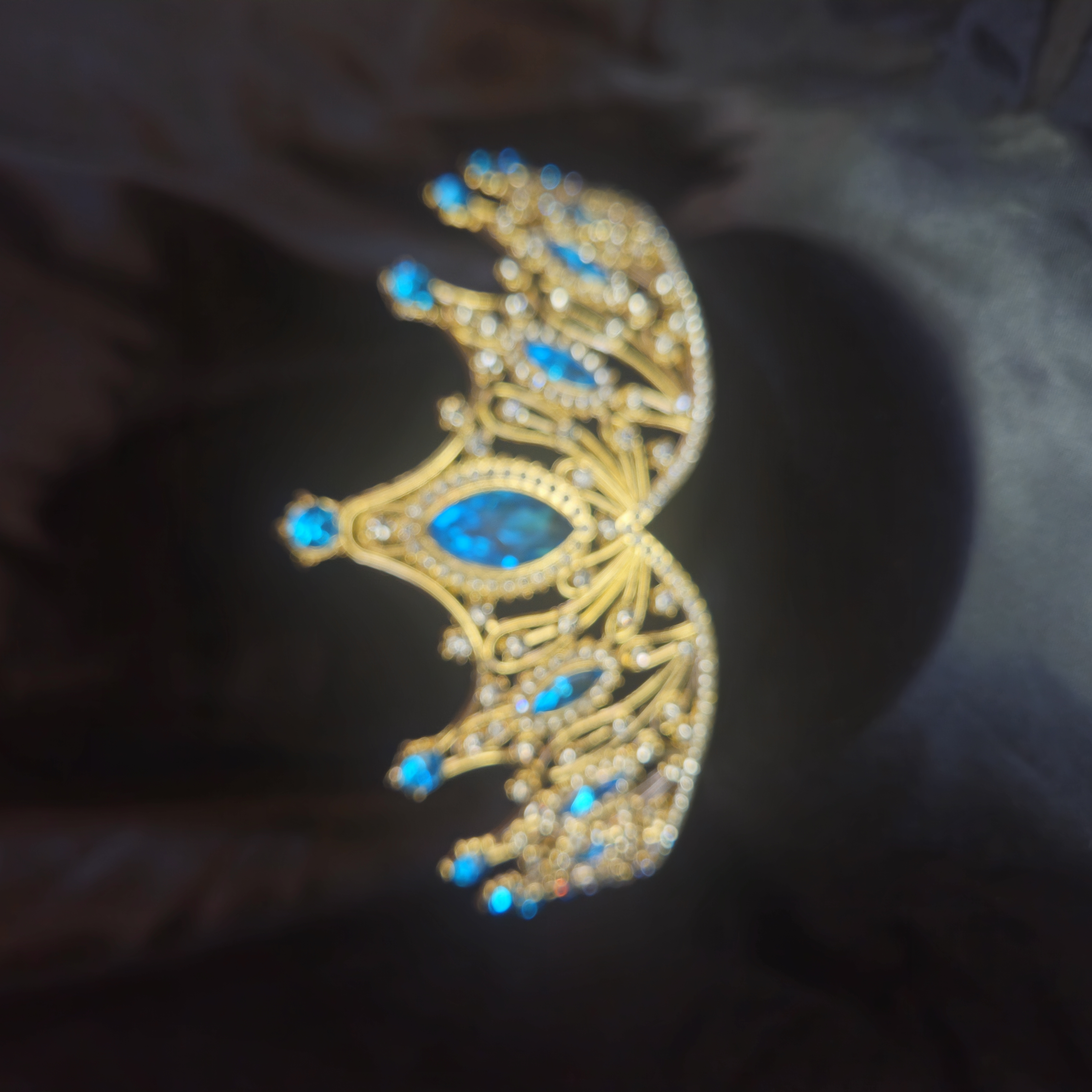 Widow's Peak Tiara — Gold with Aqua-Blue Center Stone